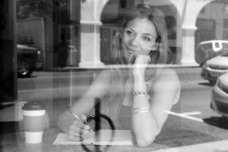 Natalie B&W in window